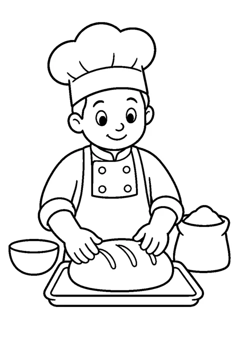 Line drawing of a chef in a tall hat sliding a loaf of bread onto a board, with a rolling pin nearby.