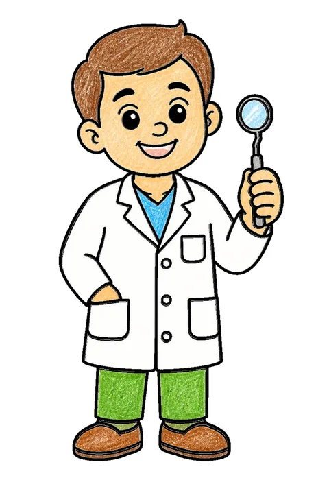 Completed crayon-colored example of the Dentist with a mirror coloring page
