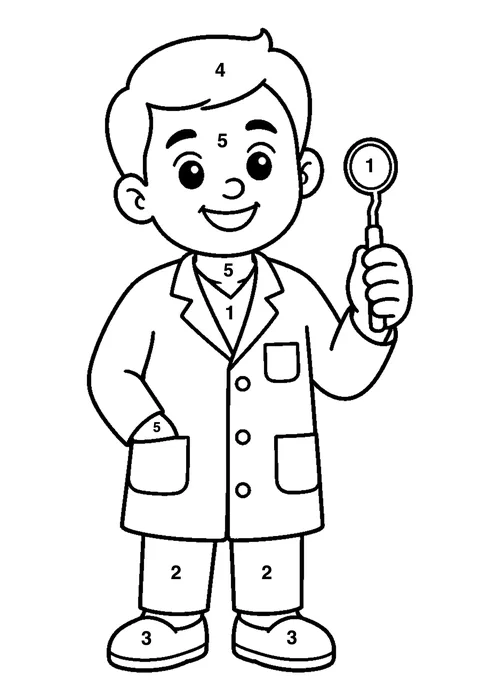 Dentist with a mirror coloring page with numbered areas and a color key for color by number