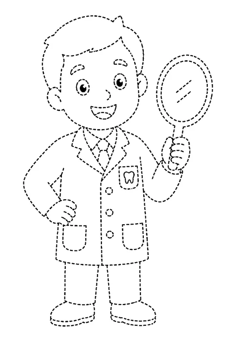 Tracing outline of a dentist holding a small round mirror, drawn in dotted lines.