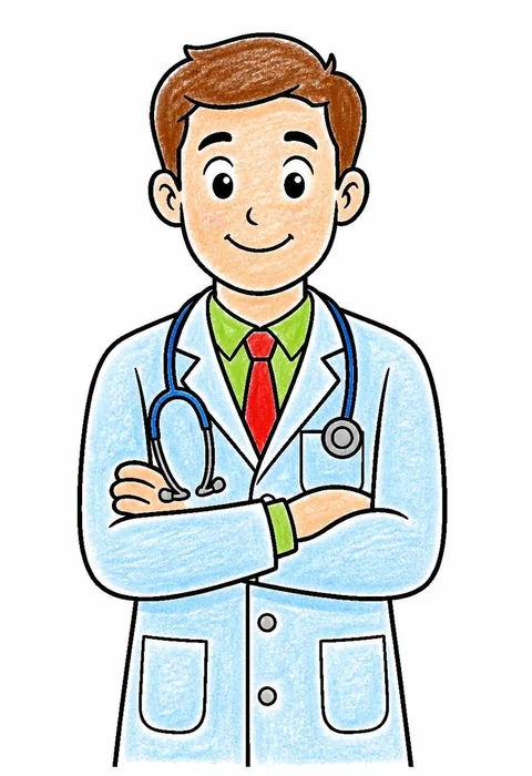 Completed crayon-colored example of the Doctor with a stethoscope coloring page
