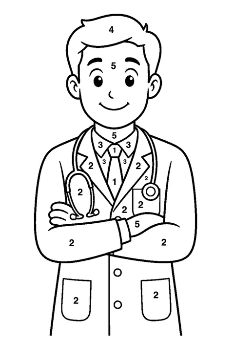 Doctor with a stethoscope coloring page with numbered areas and a color key for color by number