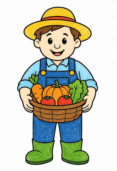 Completed crayon-colored example of the Farmer with a basket coloring page