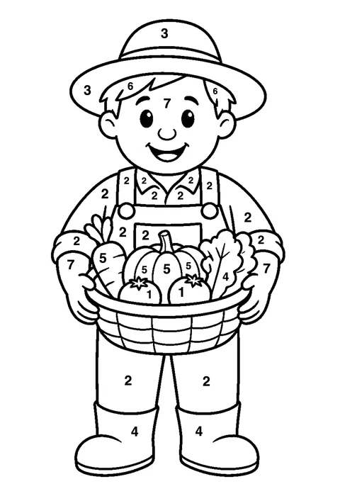 Farmer with a basket coloring page with numbered areas and a color key for color by number