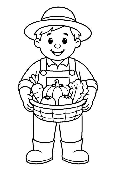 Line drawing of a farmer in overalls holding a basket filled with vegetables.