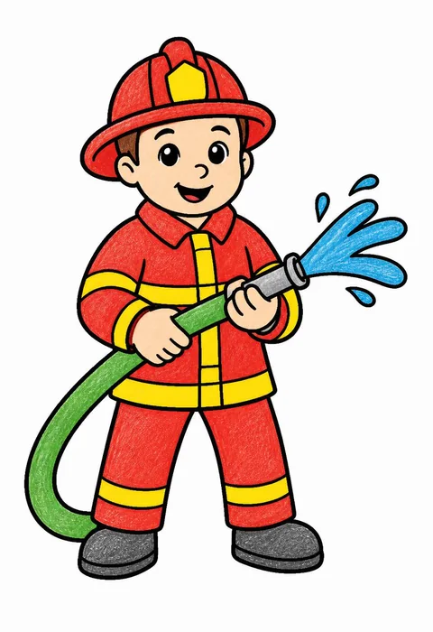 Completed crayon-colored example of the Firefighter with a hose coloring page