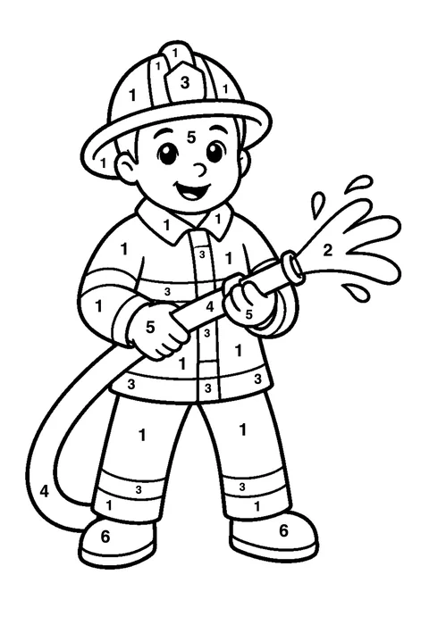 Firefighter with a hose coloring page with numbered areas and a color key for color by number