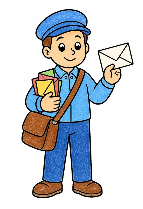 Completed crayon-colored example of the Mail carrier with letters coloring page
