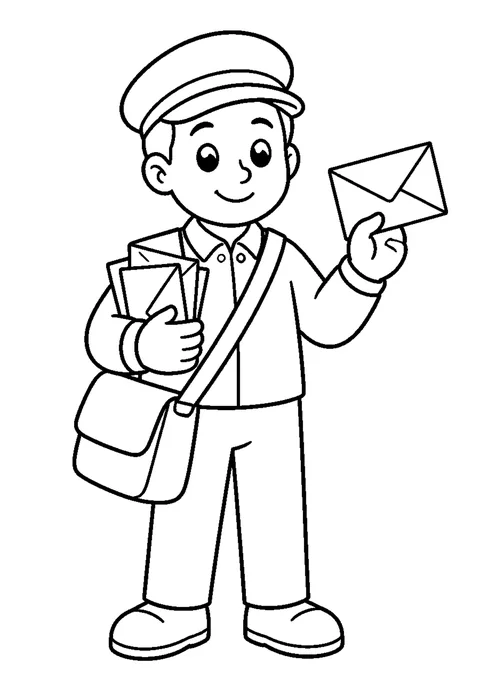 Line drawing of a mail carrier with a shoulder bag holding up a stack of plain envelopes.