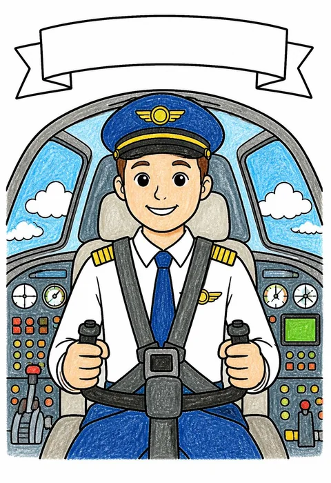 Completed crayon-colored example of the Pilot in a cockpit coloring page