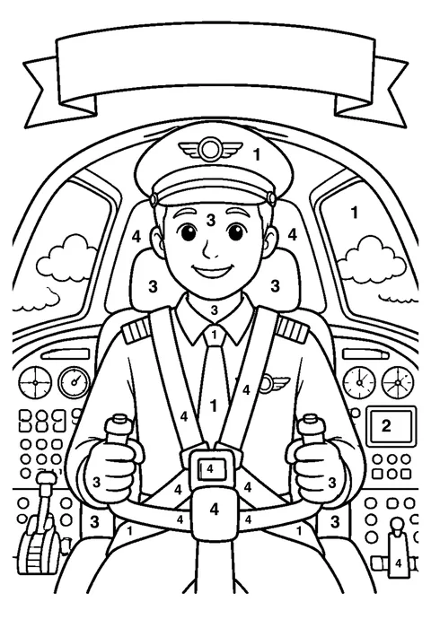 Pilot in a cockpit coloring page with numbered areas and a color key for color by number