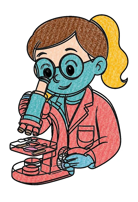 Completed crayon-colored example of the Scientist with a microscope coloring page