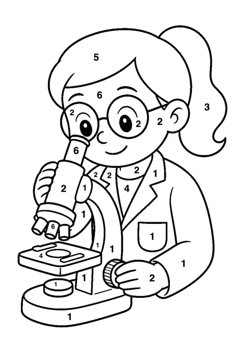 Scientist with a microscope coloring page with numbered areas and a color key for color by number