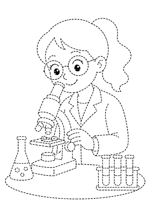 Tracing outline of a scientist in goggles bent over a microscope, drawn in dashed lines.