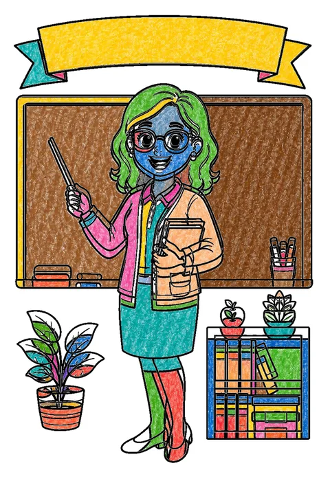 Completed crayon-colored example of the Teacher at a blackboard coloring page