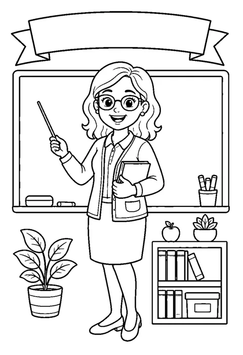Bold line drawing of a teacher with a pointer beside an empty blackboard, with a blank banner above.