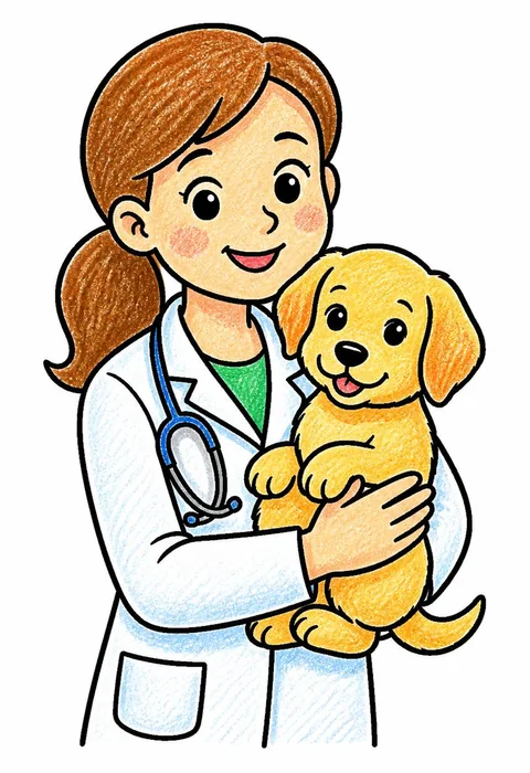 Completed crayon-colored example of the Vet with a puppy coloring page