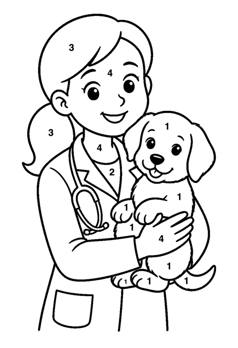 Vet with a puppy coloring page with numbered areas and a color key for color by number