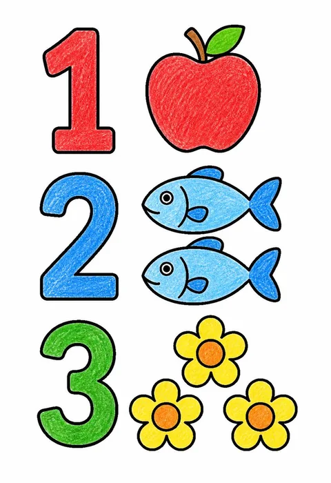 Completed crayon-colored example of the Counting 1 2 3 coloring page