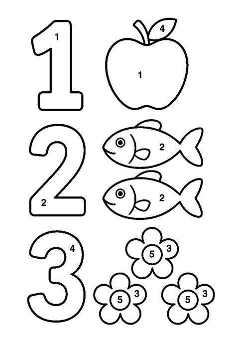 Counting 1 2 3 coloring page with numbered areas and a color key for color by number