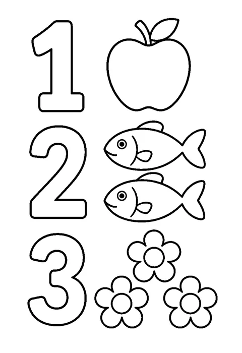 Line drawing of hollow numerals 1, 2 and 3 beside one apple, two fish and three flowers.