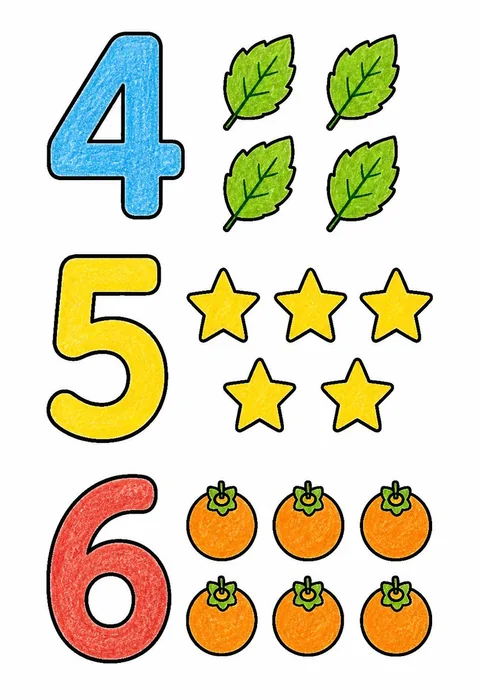 Completed crayon-colored example of the Counting 4 5 6 coloring page