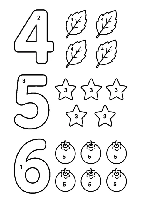 Counting 4 5 6 coloring page with numbered areas and a color key for color by number