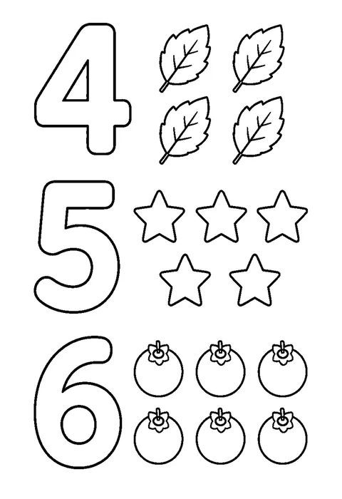 Line drawing of hollow numerals 4, 5 and 6 beside four leaves, five stars and six berries.
