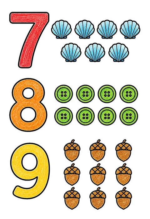 Completed crayon-colored example of the Counting 7 8 9 coloring page