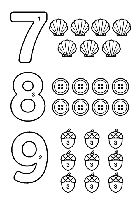 Counting 7 8 9 coloring page with numbered areas and a color key for color by number