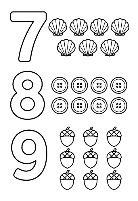 Line drawing of hollow numerals 7, 8 and 9 beside seven shells, eight buttons and nine acorns.