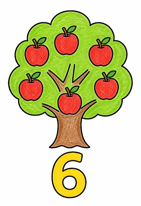 Completed crayon-colored example of the Counting apples on a tree coloring page