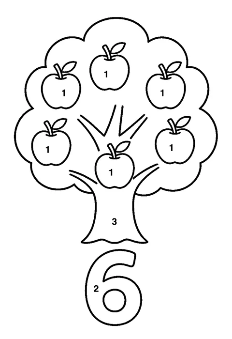 Counting apples on a tree coloring page with numbered areas and a color key for color by number