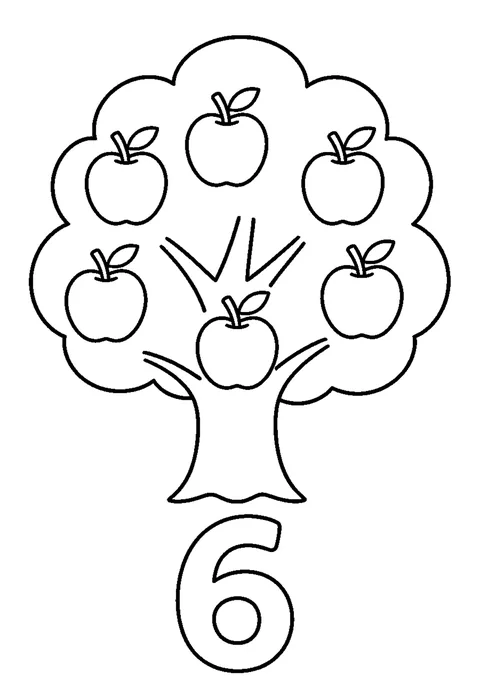 Line drawing of a simple tree with six round apples hanging from its branches.