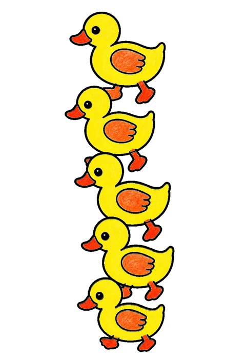 Completed crayon-colored example of the Counting ducks in a row coloring page
