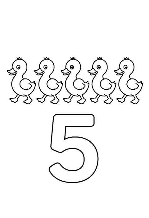 Line drawing of five simple ducks walking in a row.