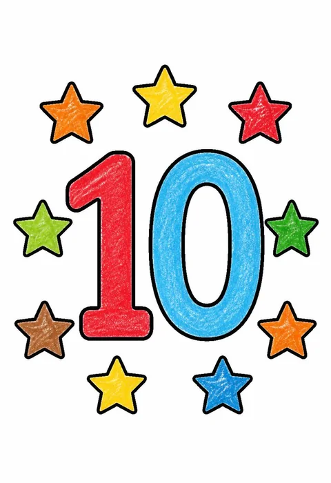 Completed crayon-colored example of the Number 10 with ten stars coloring page