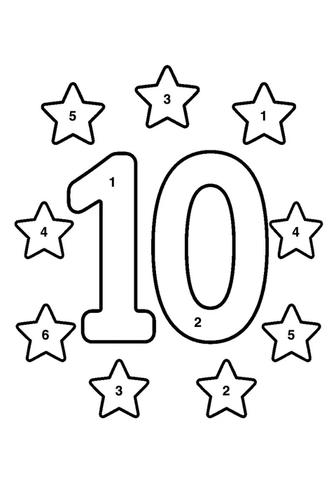 Number 10 with ten stars coloring page with numbered areas and a color key for color by number