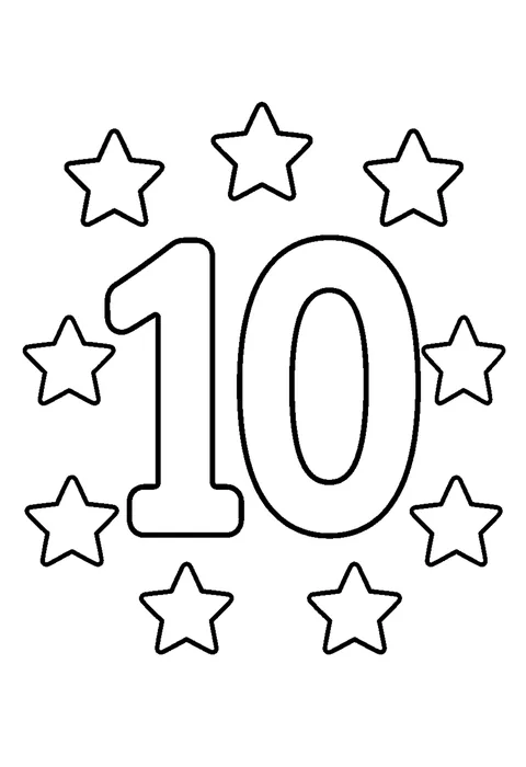 Line drawing of a large hollow numeral 10 surrounded by ten five-pointed stars.