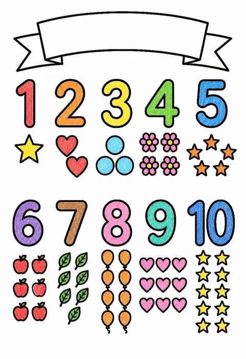 Completed crayon-colored example of the Number poster 1 to 10 coloring page