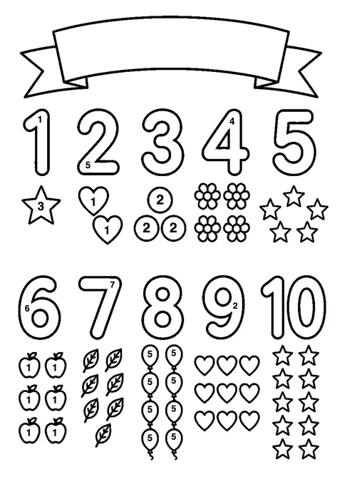 Number poster 1 to 10 coloring page with numbered areas and a color key for color by number