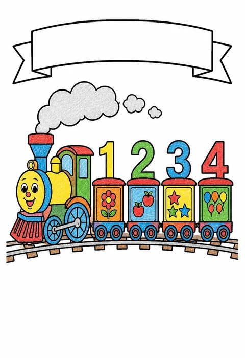 Completed crayon-colored example of the Number train with carriages coloring page