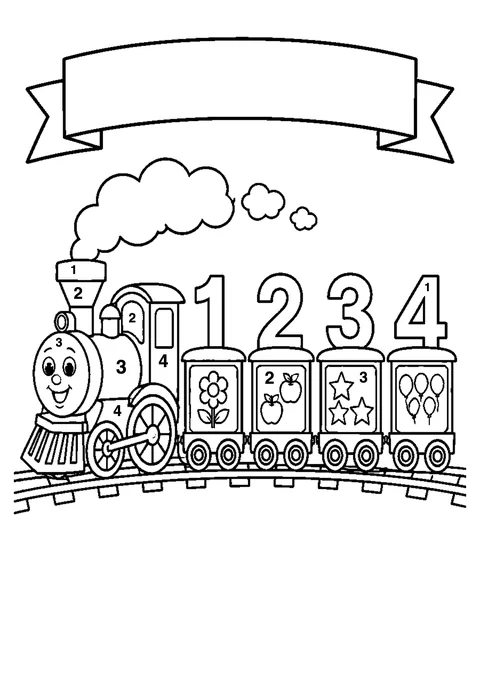 Number train with carriages coloring page with numbered areas and a color key for color by number