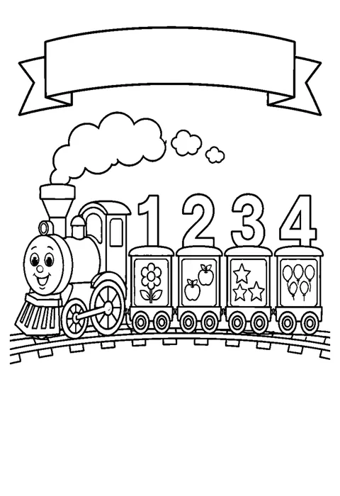 Bold line drawing of a steam train pulling four carriages, each carrying a hollow numeral from 1 to 4.