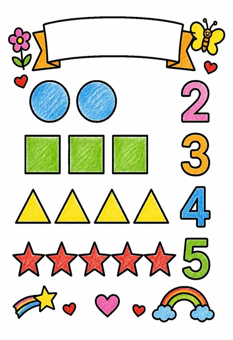 Completed crayon-colored example of the Shapes and numbers coloring page
