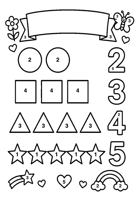 Shapes and numbers coloring page with numbered areas and a color key for color by number