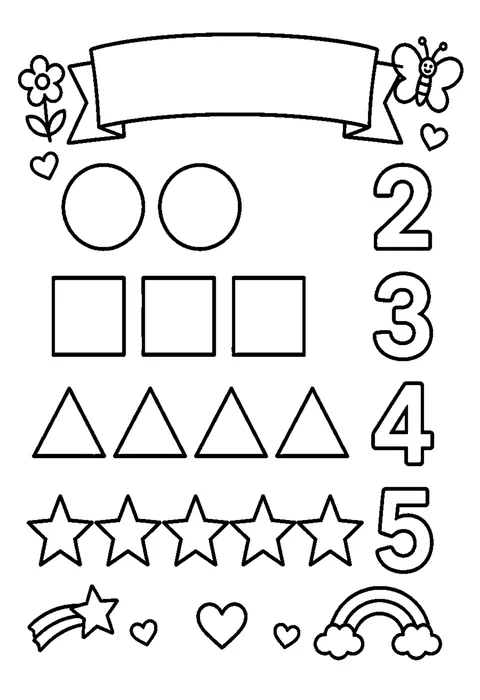 Bold line drawing of rows of circles, squares, triangles and stars, each row beside a hollow numeral.