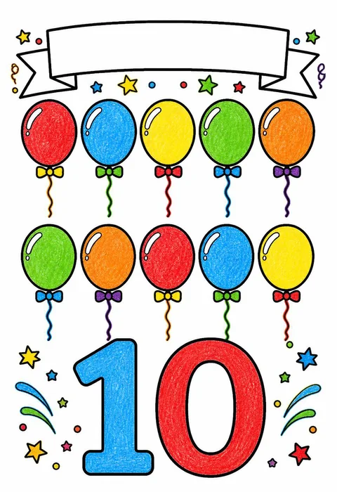 Completed crayon-colored example of the Ten balloons poster coloring page