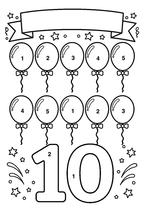 Ten balloons poster coloring page with numbered areas and a color key for color by number