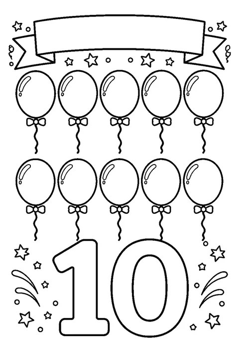 Bold line drawing of ten balloons in two rows of five beside a large hollow numeral 10.